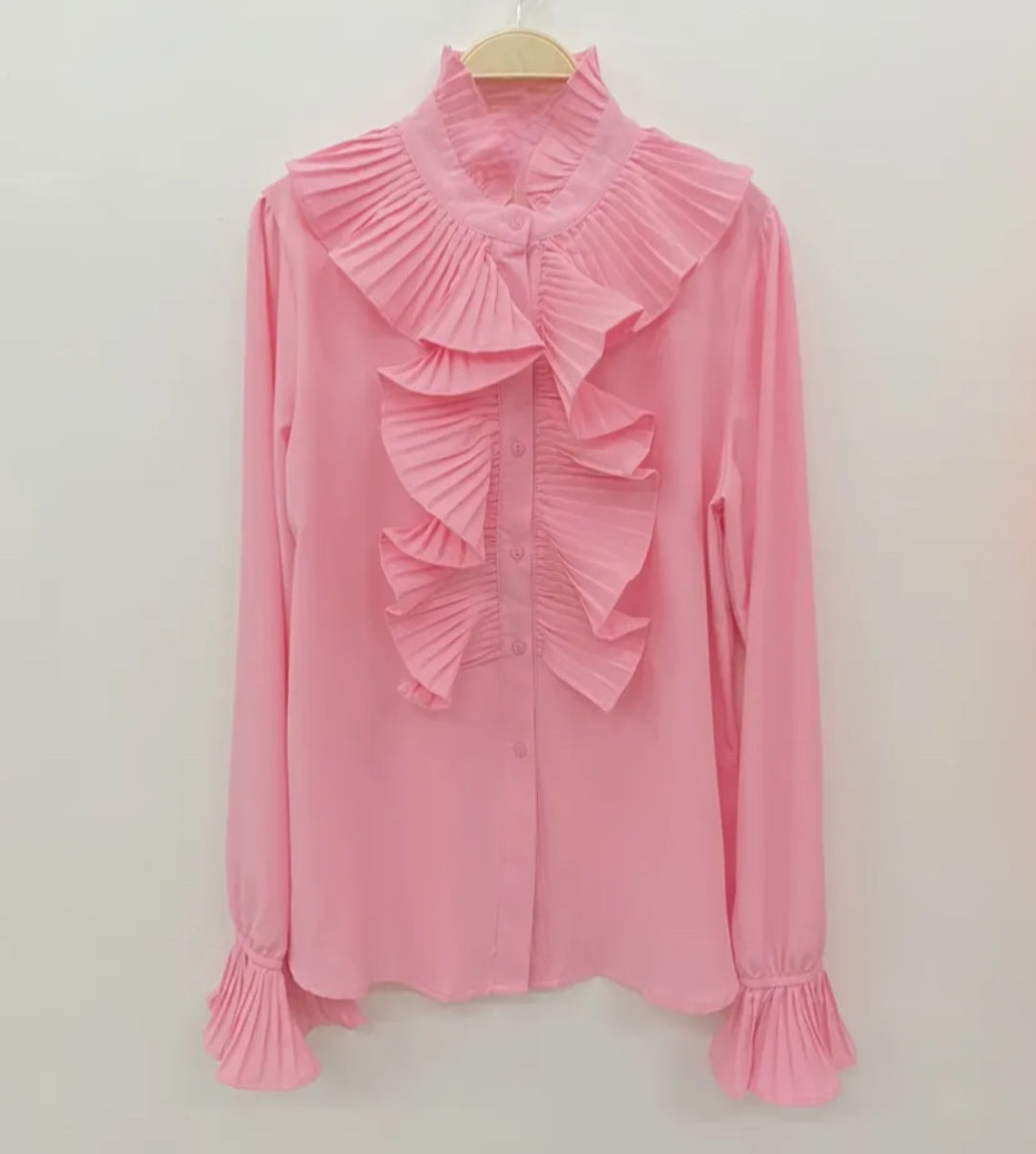Pink Pleated Ruffle Statement Blouse