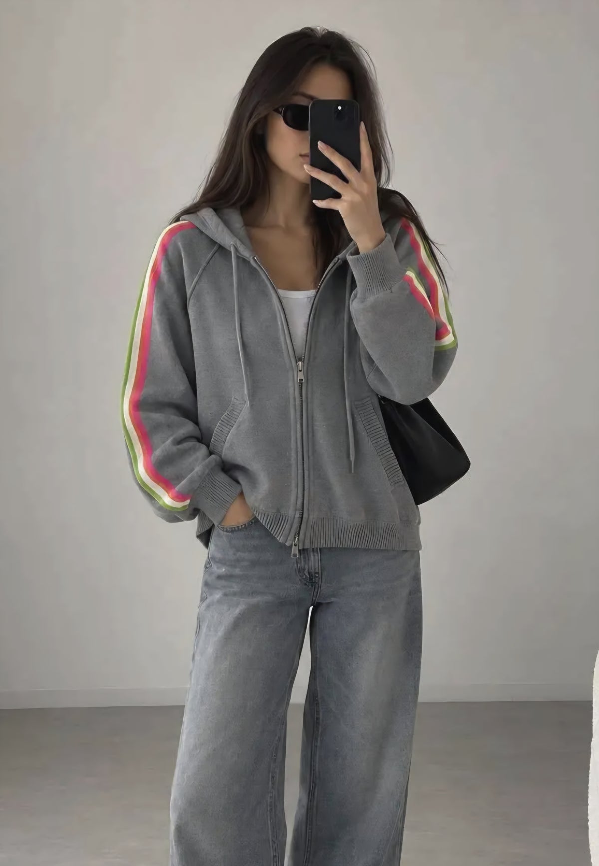 Light Grey Knit Zip Hoodie with Rainbow Sleeve. Wool & Cotton Blend