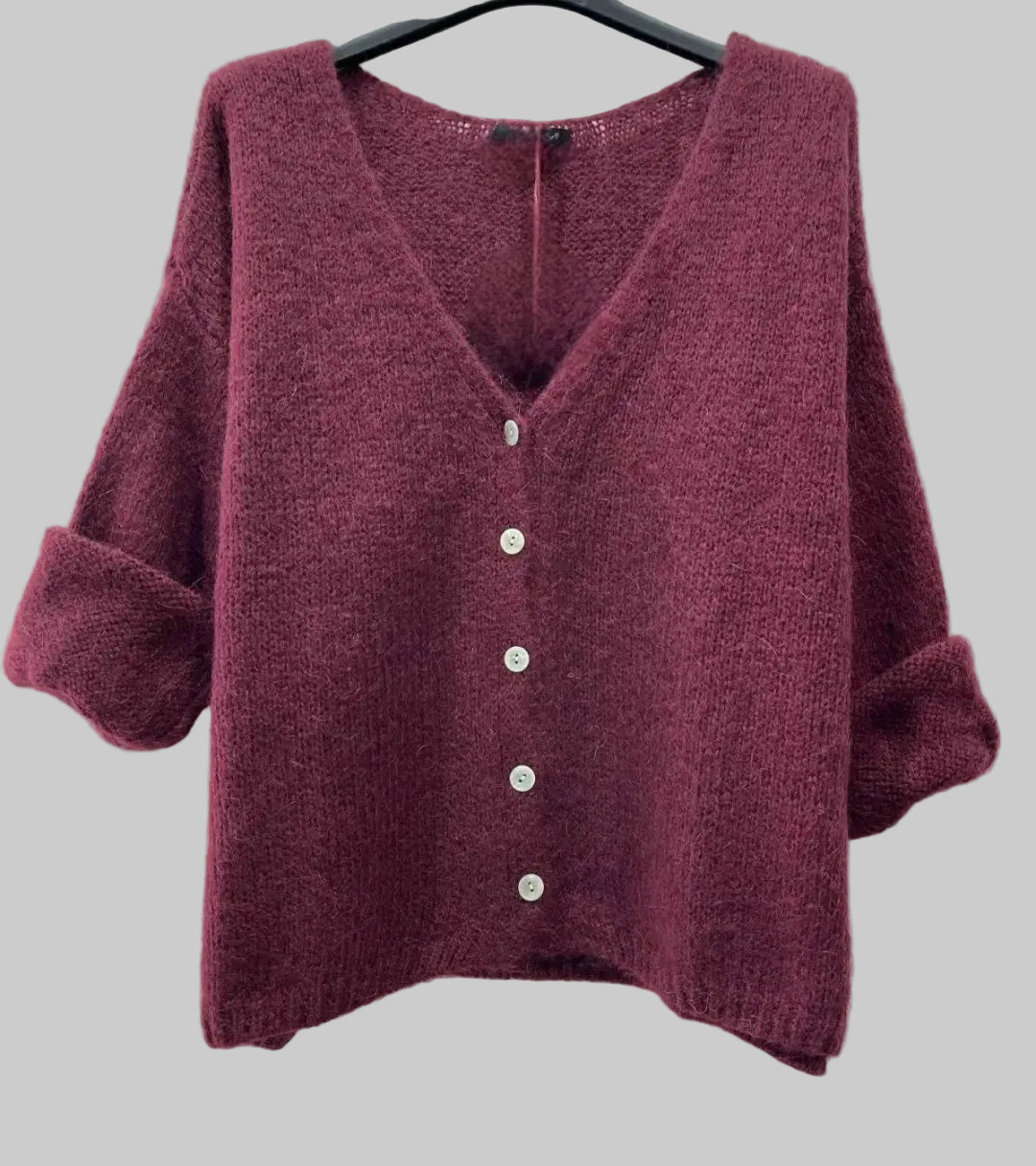 Mohair Blend V Neck Cardigan- Burgandy