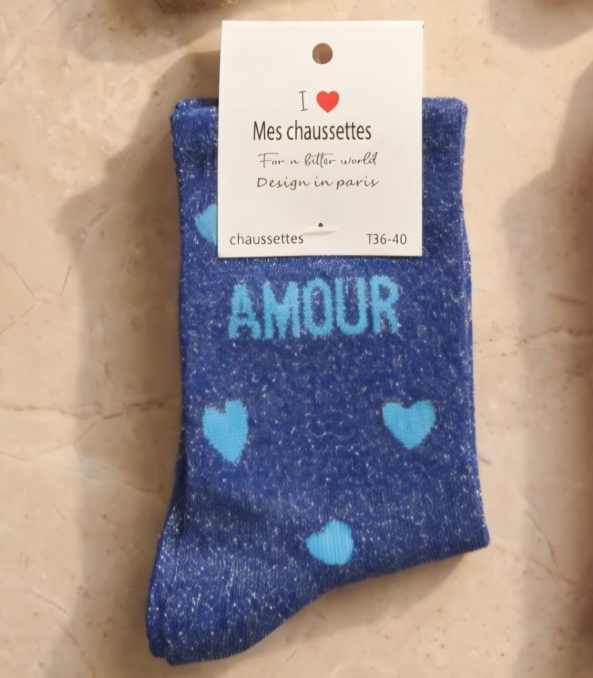 'Amour' Metallic Blue & Light Blue Heart Socks