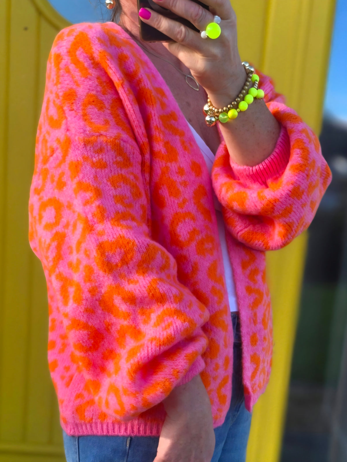 Pink & Orange Animal Print Open, Wool Blend Cardigan