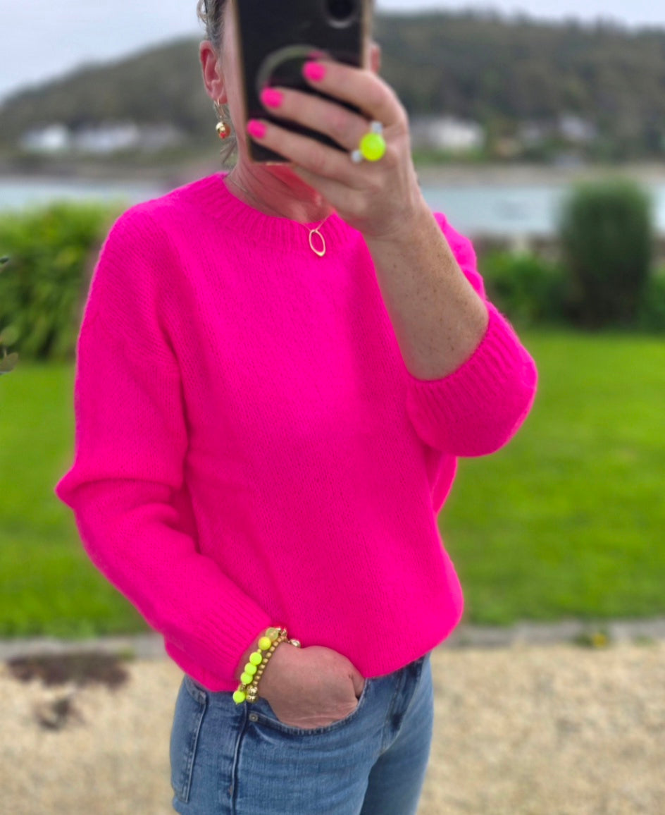 Neon Pink Mohair & Wool Blend Crew Jumper| Made in Italy