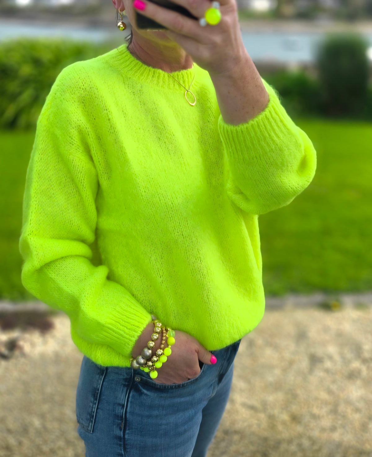 Neon Yellow Mohair & Wool Blend Crew Jumper| Made in Italy