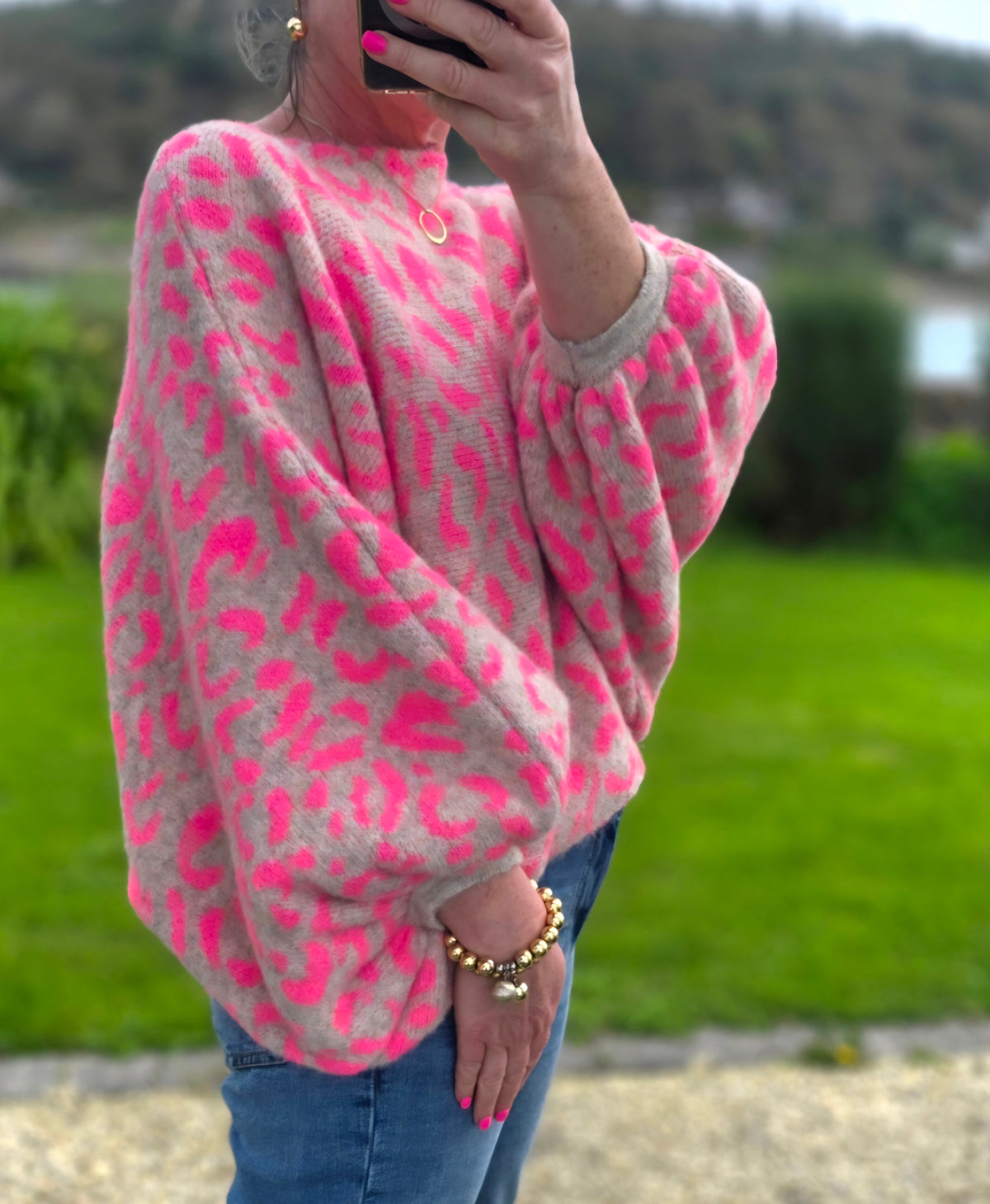 Neon Pink Leopard Print Balloon Sleeve Jumper| Made in Italy