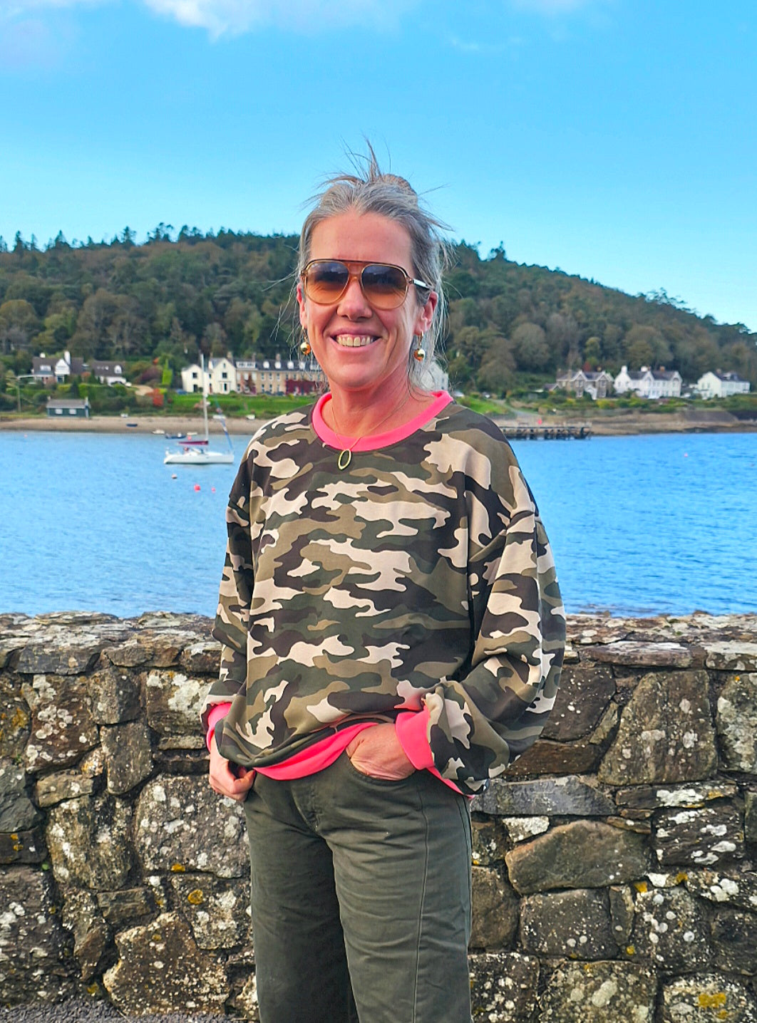 Camo Cotton Sweatshirt with Neon Pink Trim