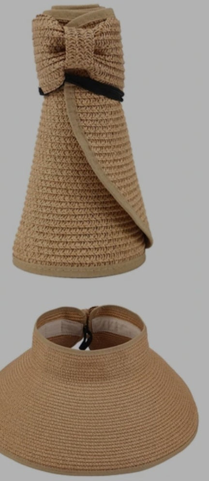 Rollable Ladies Wide Brim Straw Sun Women's Adjustable Visor with Bowknot
