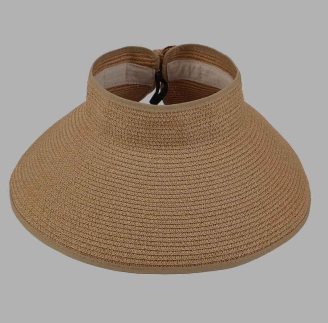 Rollable Ladies Wide Brim Straw Sun Women's Adjustable Visor with Bowknot