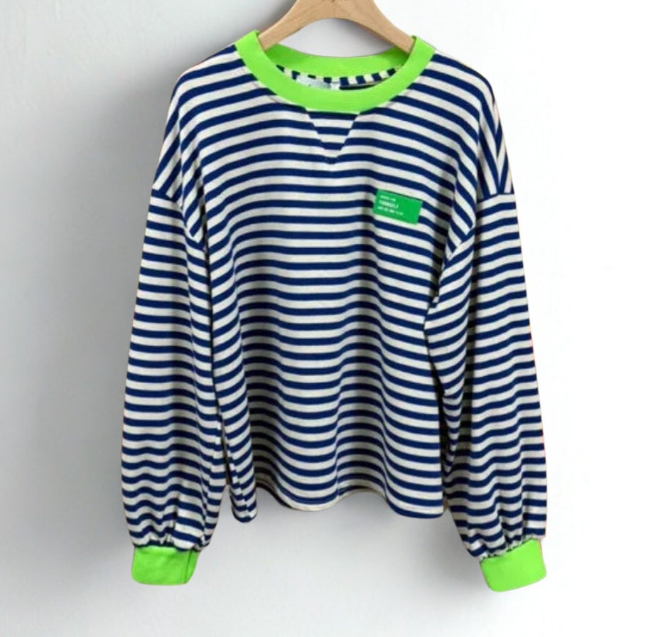 Navy & White stripe with neon green trim & badge. Light Sweatshirt in pure cotton. *Dispatch Aug 14th*