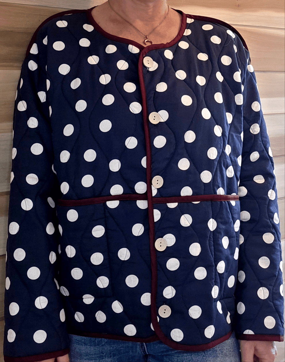 Navy & White dotty quilted, collarless jacket. - Cockleshell Crosshaven