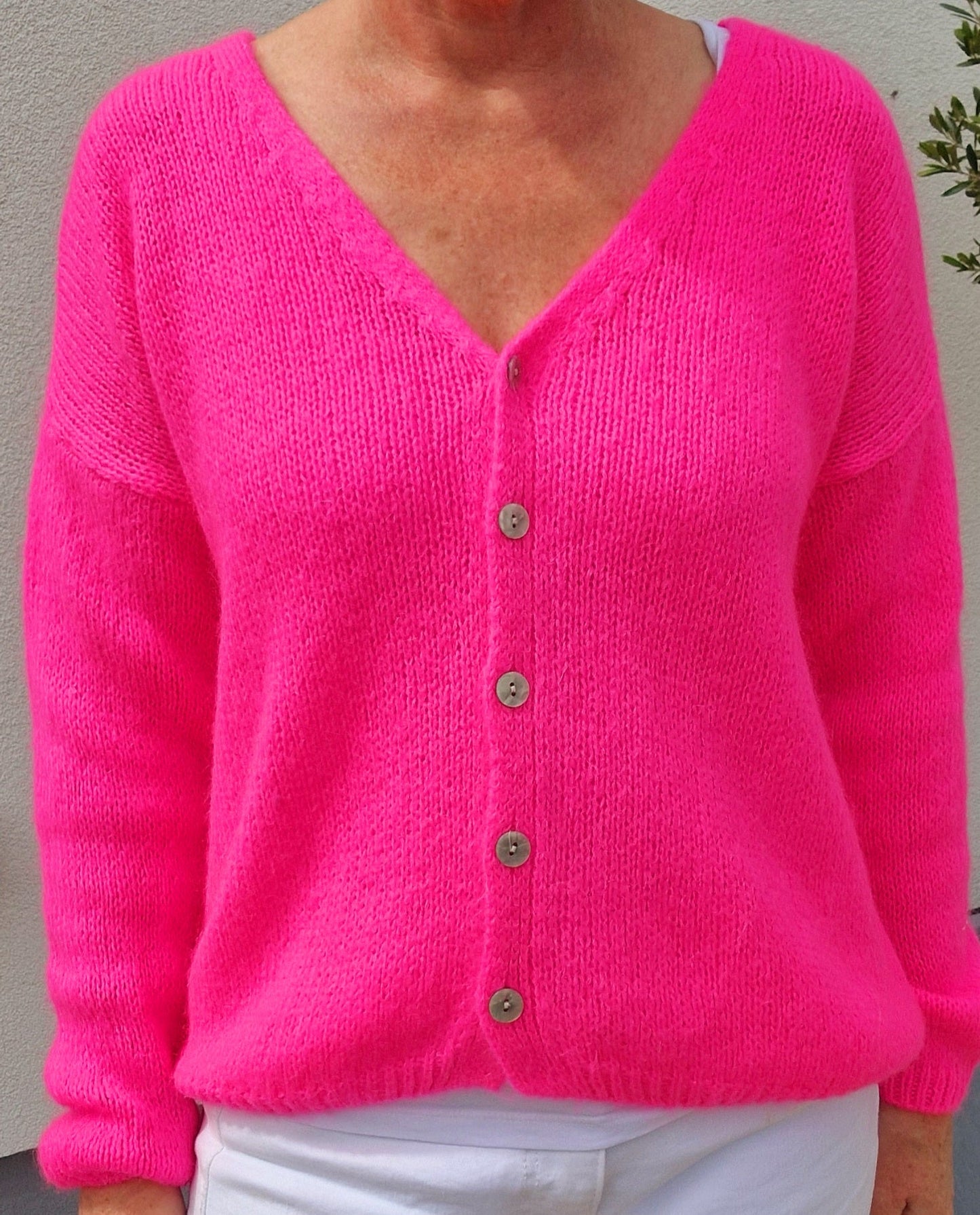 Neon Pink V Neck Ladies Cardigan. Long sleeves. Mohair mix knit - Cockleshell Crosshaven