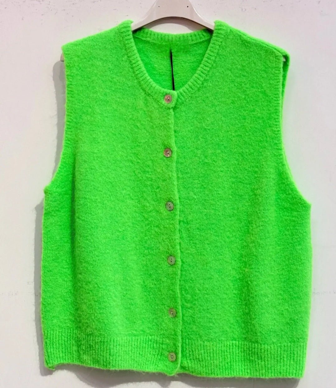 *Pre order. Dispatch Jan 2nd* Neon Green Superfine Alpaca and Wool mix sleeveless cardigan - Cockleshell Crosshaven