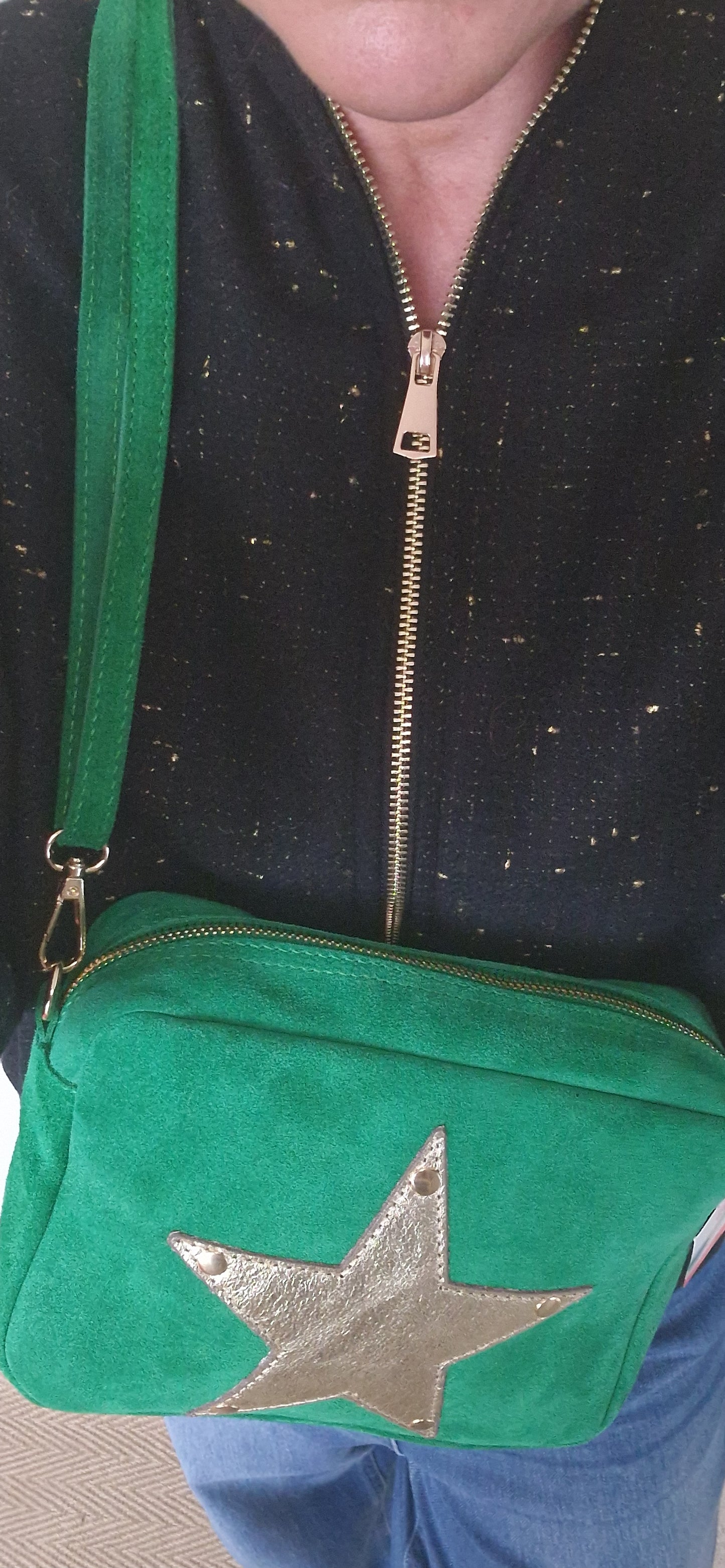 Green Suede, Crossbody Bag with Gold Leather Star motif
