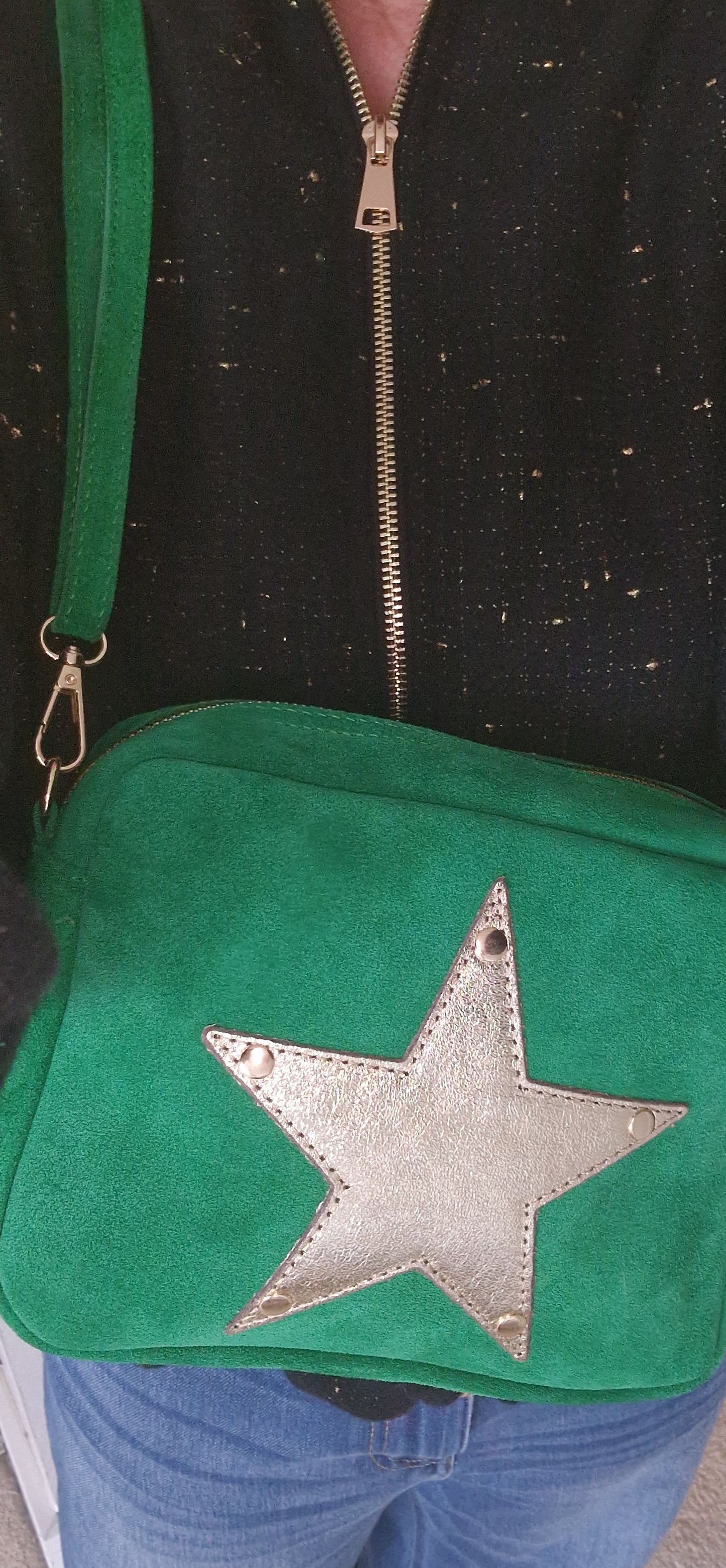 Green Suede, Crossbody Bag with Gold Leather Star motif