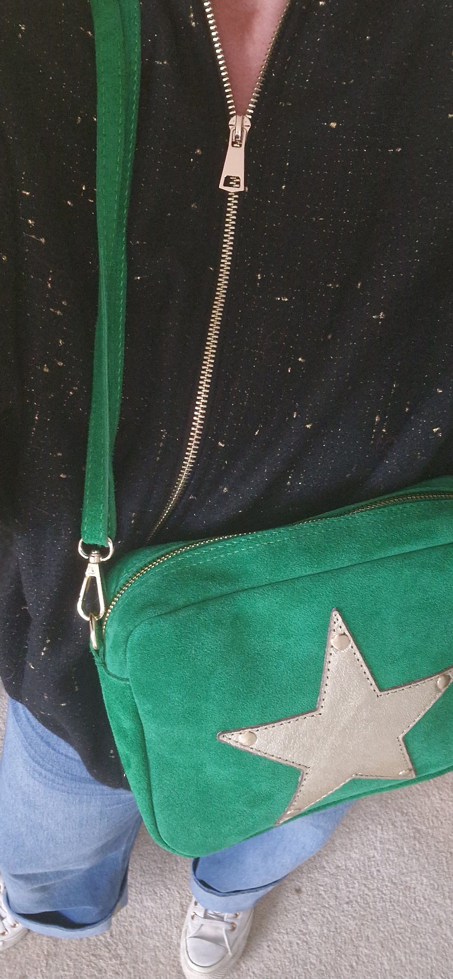 Green Suede, Crossbody Bag with Gold Leather Star motif