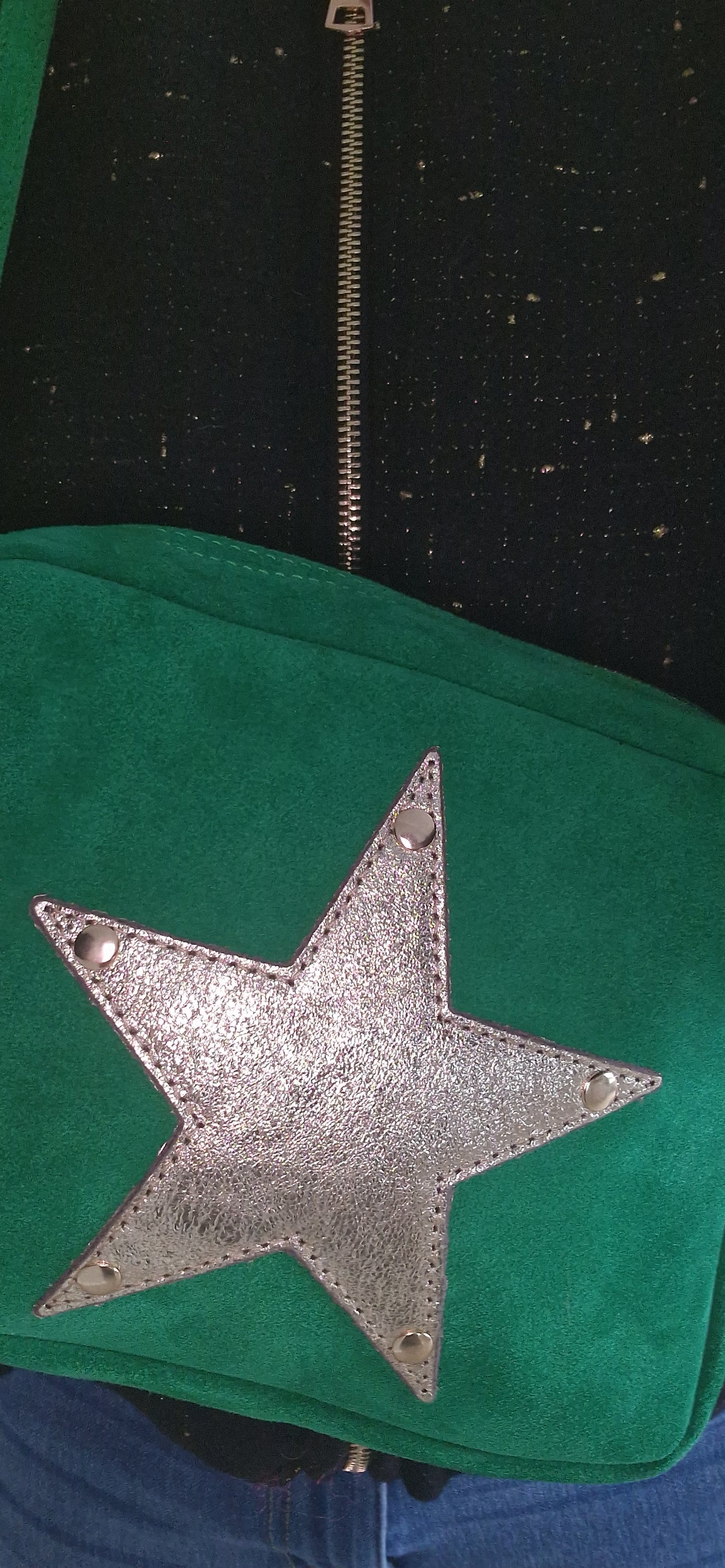 Green Suede, Crossbody Bag with Gold Leather Star motif