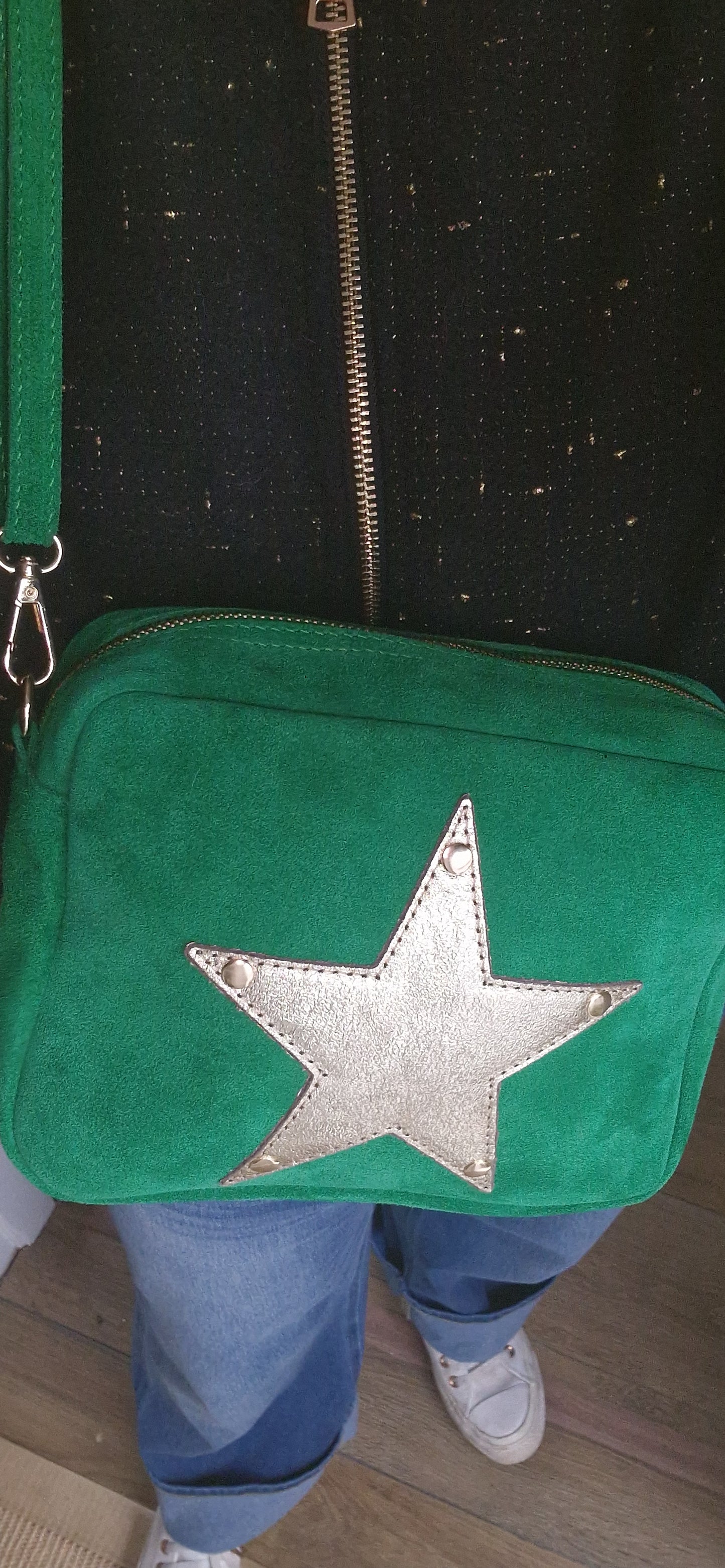 Green Suede, Crossbody Bag with Gold Leather Star motif