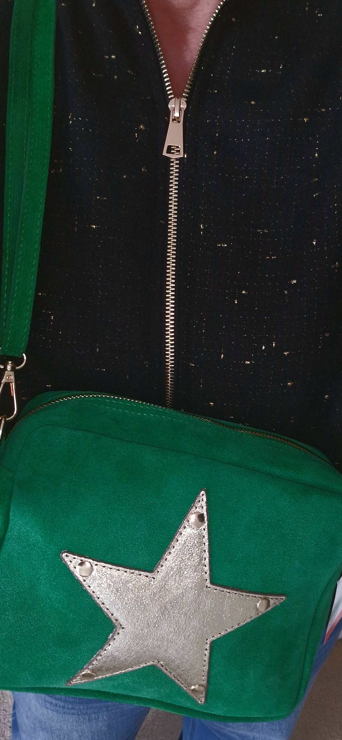 Green Suede, Crossbody Bag with Gold Leather Star motif