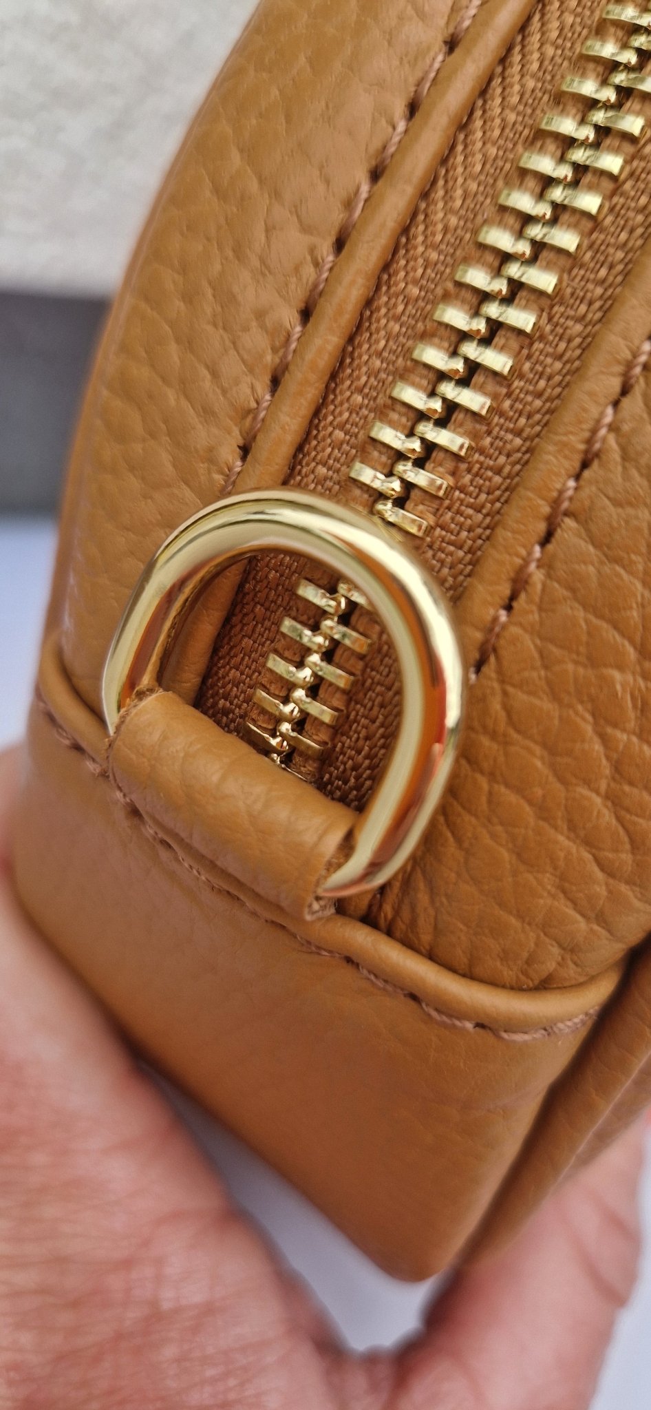 Round Tan Leather Crossbody Bag - Grained Genuine Leather. - Cockleshell Crosshaven