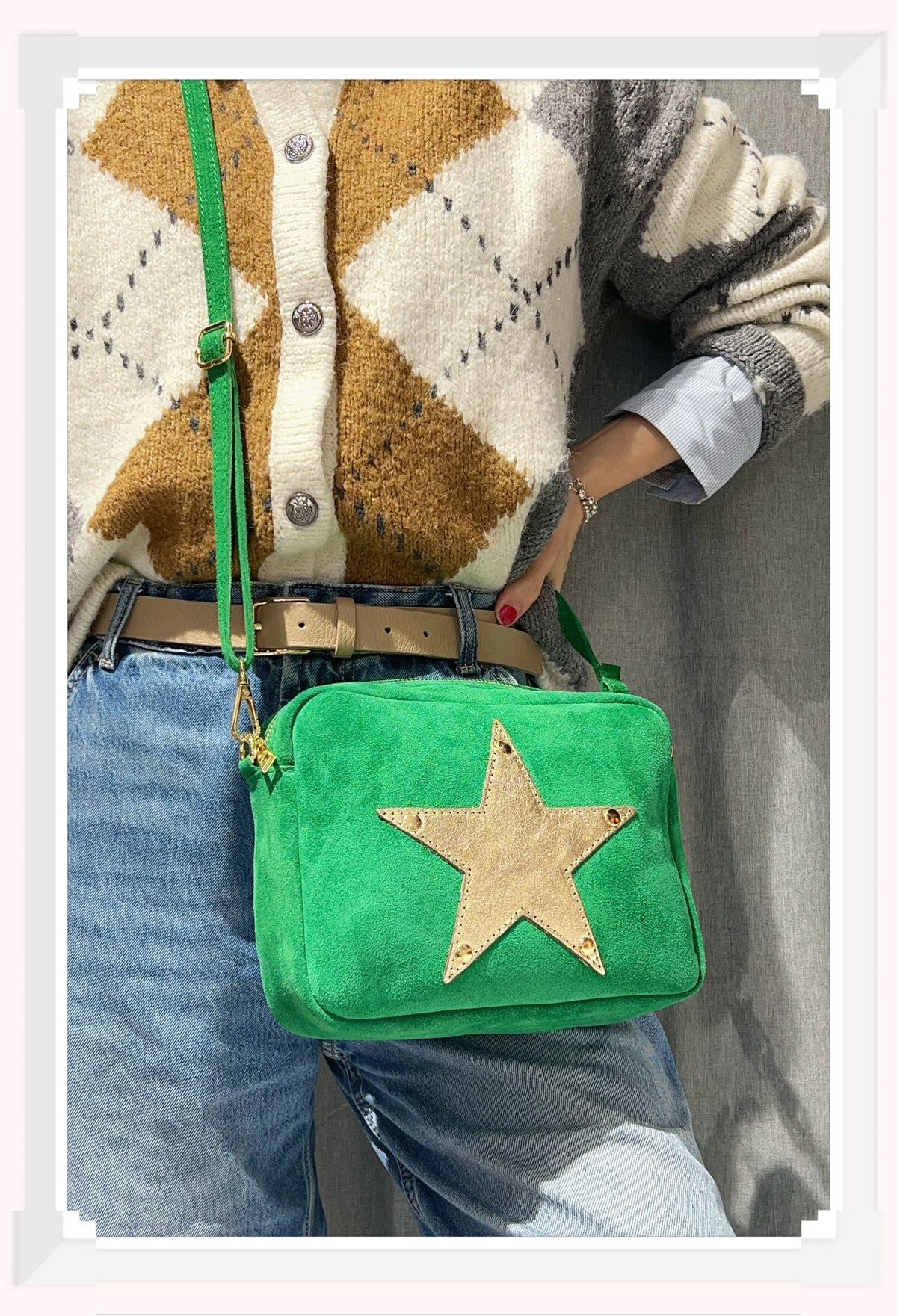 Green Suede, Crossbody Bag with Gold Leather Star motif