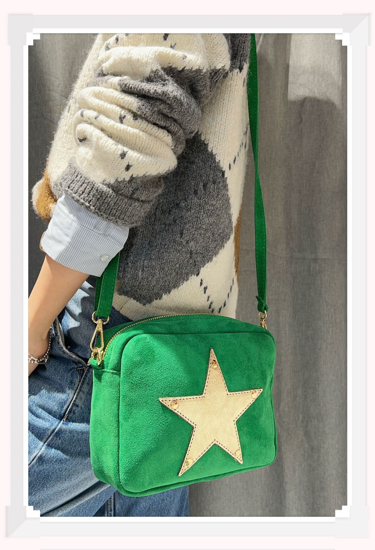 Green Suede, Crossbody Bag with Gold Leather Star motif