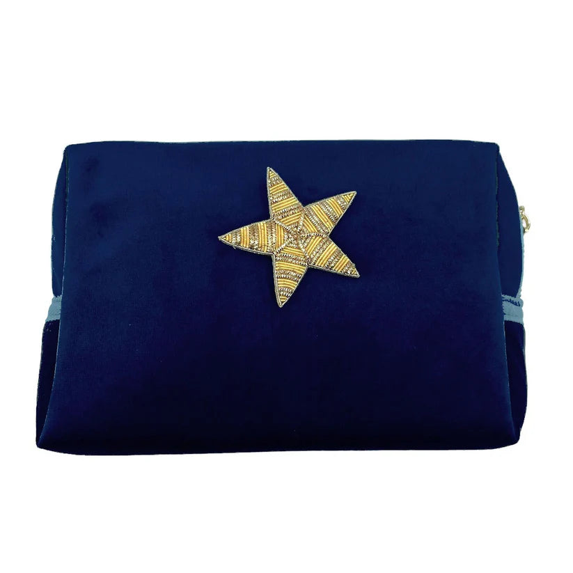 Sixton London. Blue make-up bag & gold star pin - recycled velvet