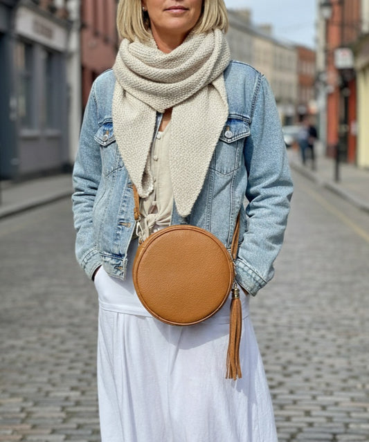 Round Tan Leather Crossbody Bag- Grained Genuine Leather.