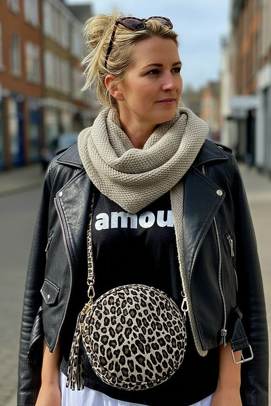 Real Leather, round Suede Ladies Handbag in Animal print