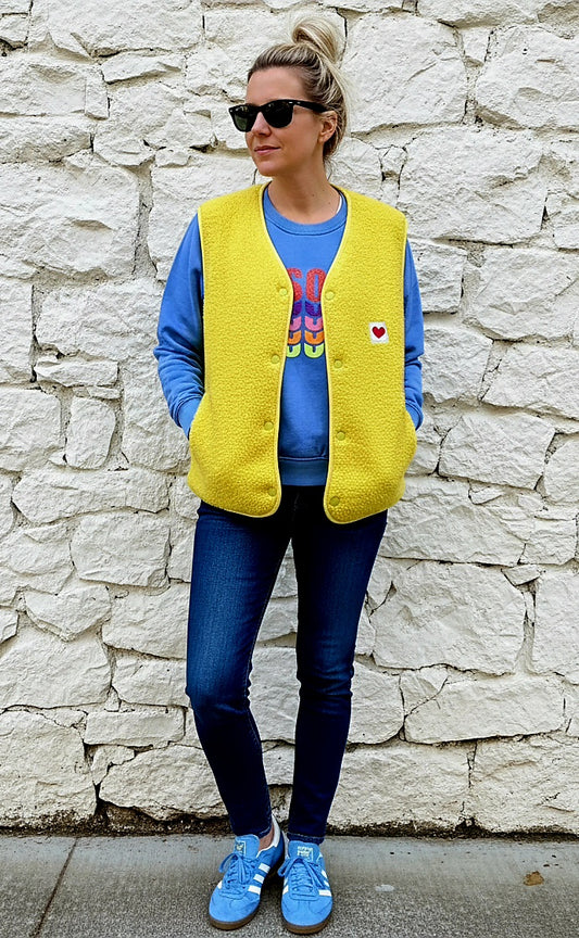 Bright Yellow V Neck Teddy Fleece lined, Sleeveless Gilet