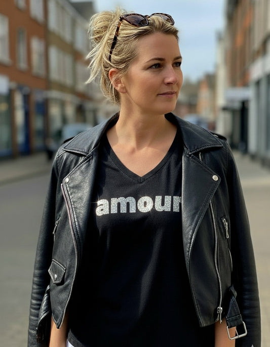 Black & Silver Amour V Neck Cotton T shirt.