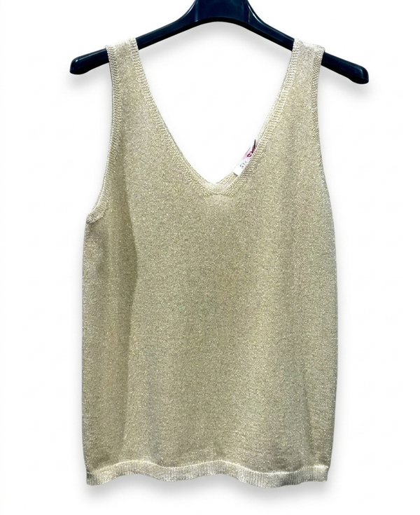 Gold Lurex V-Neck Knit Tank Top