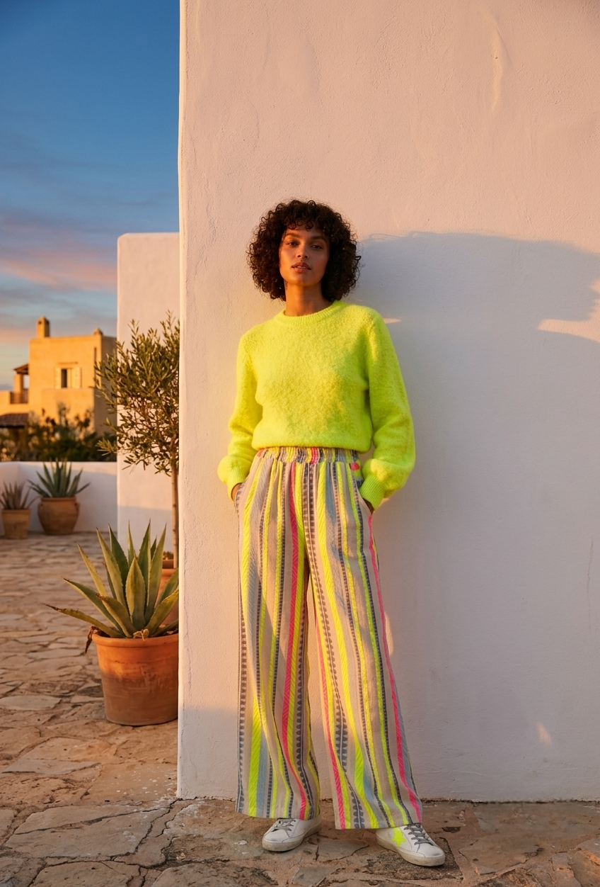 Vibrant Neon Stripe Woven Jacquard Wide-Leg Summer Pants