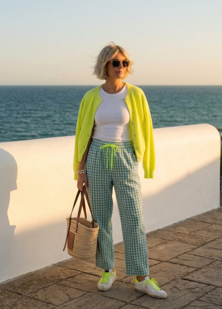 Vibrant Gingham Seersucker Drawstring Trousers with Neon Yellow Drawstring