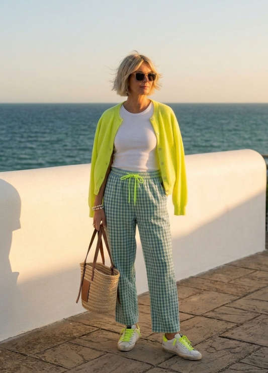 Vibrant Gingham Seersucker Drawstring Trousers with Neon Yellow Drawstring (RESTOCKING)