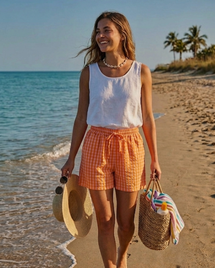 Womens Sunset Orange Gingham- Lightweight Shorts