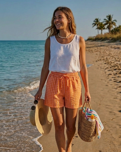 Womens Sunset Orange Gingham- Lightweight Shorts