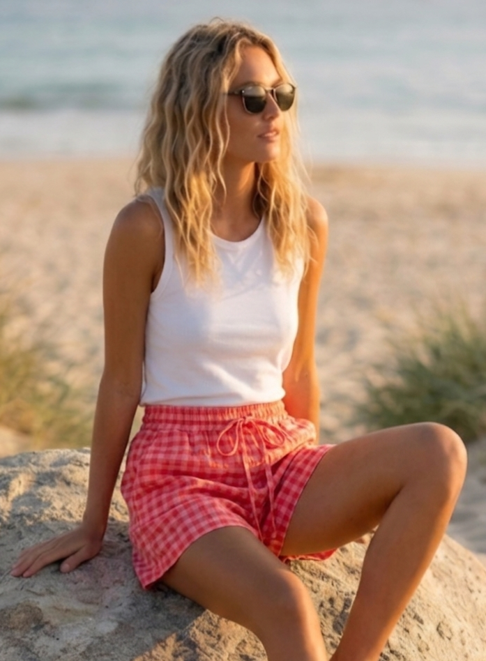Womens Coral Gingham Shorts- Lightweight Drawstring Summer Beach Shorts