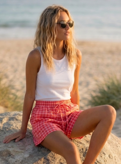 Womens Coral Gingham Shorts- Lightweight Drawstring Summer Beach Shorts