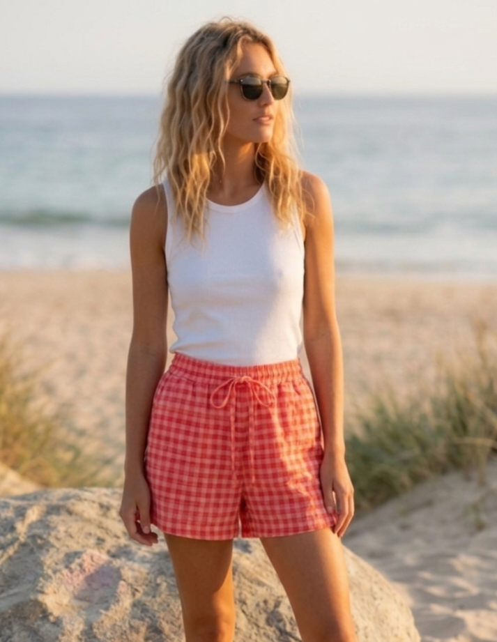 Womens Coral Gingham Shorts- Lightweight Drawstring Summer Beach Shorts