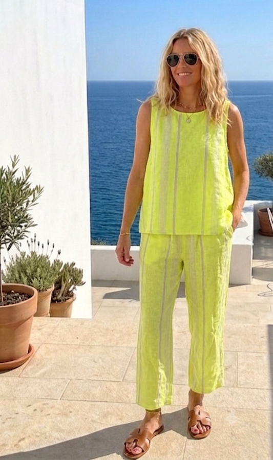Neon Yellow Striped Wide Leg Cotton Blend Pants