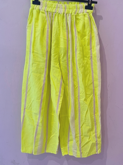 Neon Yellow Striped Wide Leg Cotton Blend Pants