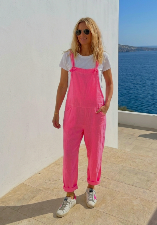 Neon Pink Linen Blend Slouchy Dungarees.