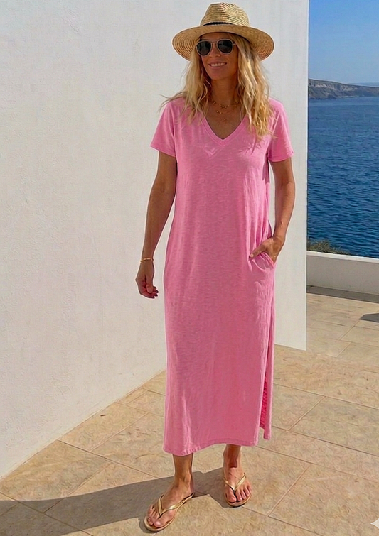 Classic Cotton V Nefk T-Shirt Dress- Neon Pink