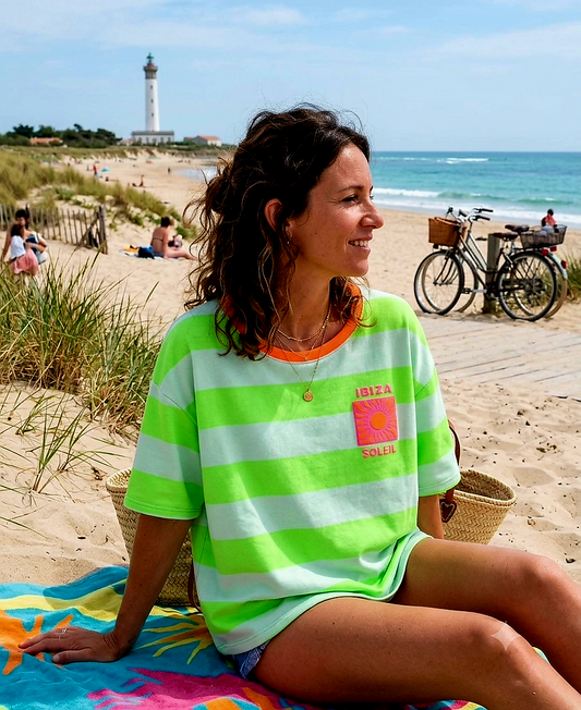IBIZA Soleil Neon Striped Short Sleeve Lightweight Sweatshirt