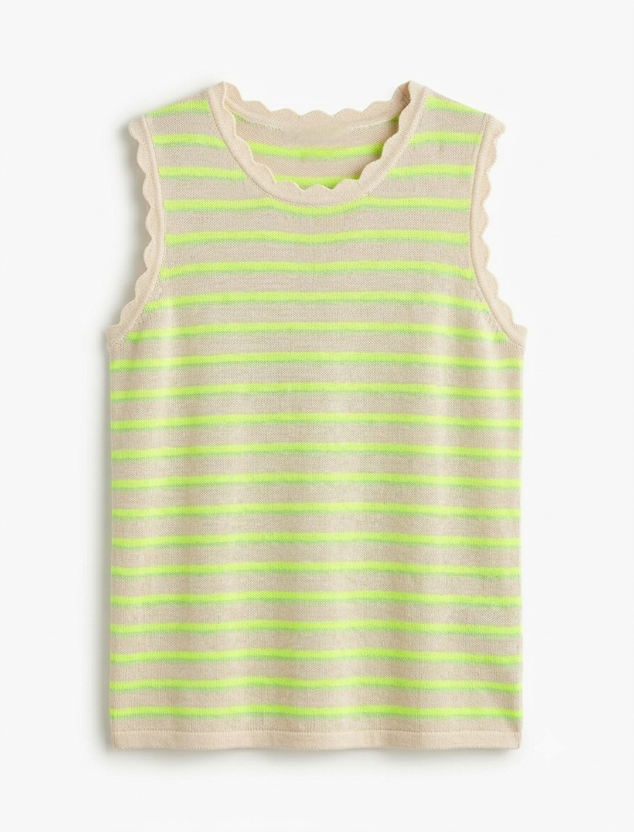 Neon Lime and Mint Striped Sleeveless Knit Top with Scalloped Trim