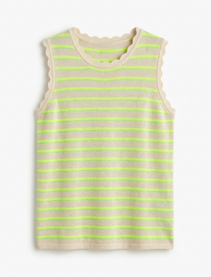 Neon Lime and Mint Striped Sleeveless Knit Top with Scalloped Trim