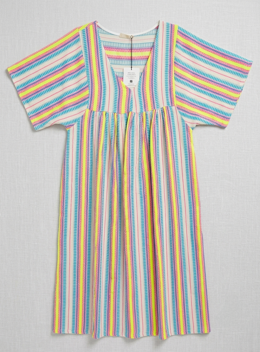Italian Cotton Neon Yellow Multi Stripe V Neck Dress
