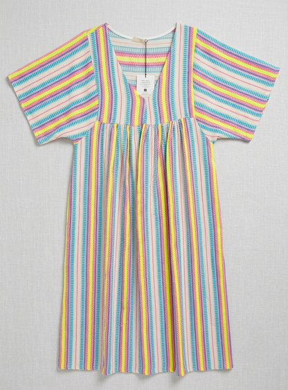 Italian Cotton Neon Yellow Multi Stripe V Neck Dress