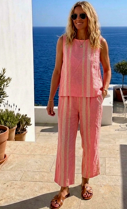 Neon Pink Striped Wide Leg Cotton Blend Pants