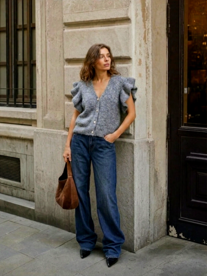 Ruffled Short-Sleeve Knit Cardigan in Heather Grey