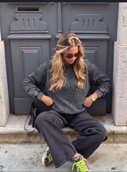 Celestial Embellished Acid Wash Sweatshirt - Washed Charcoal